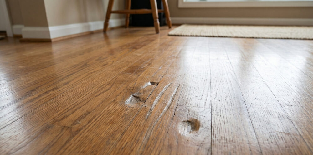 Deep scratches and dents on hardwood floor before refinishing