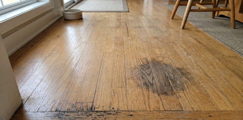 Dark stains and worn hardwood floor area that may need repair before refinishing