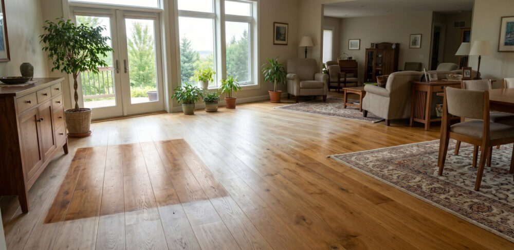 Sun-faded hardwood floor showing color difference after a rug was removed