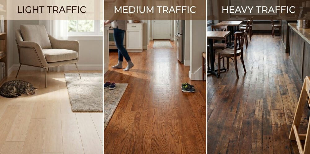 Hardwood floors showing light, medium, and heavy traffic wear levels