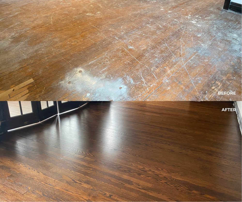 Hardwood floor refinishing before after
