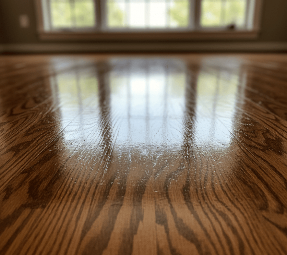 Glossy oil-based polyurethane hardwood floor finish with a warm amber tone.