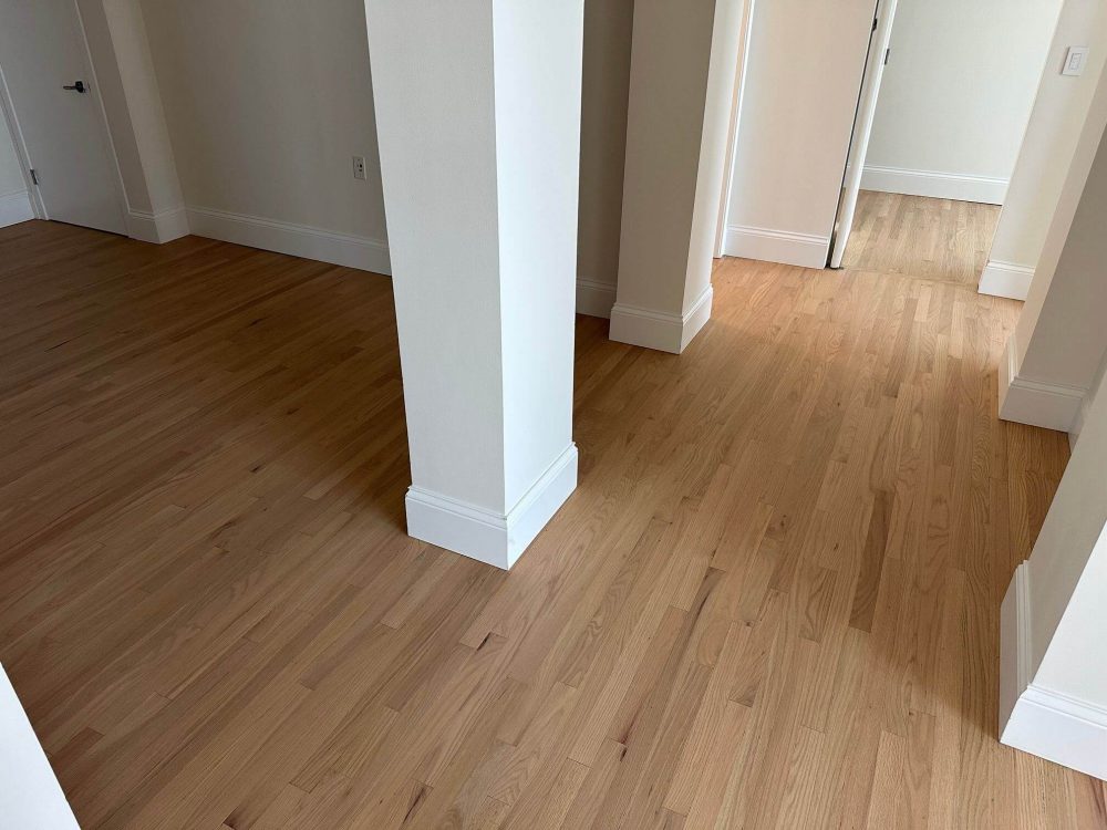 Refinished red oak floors in hallway with clean, even tone