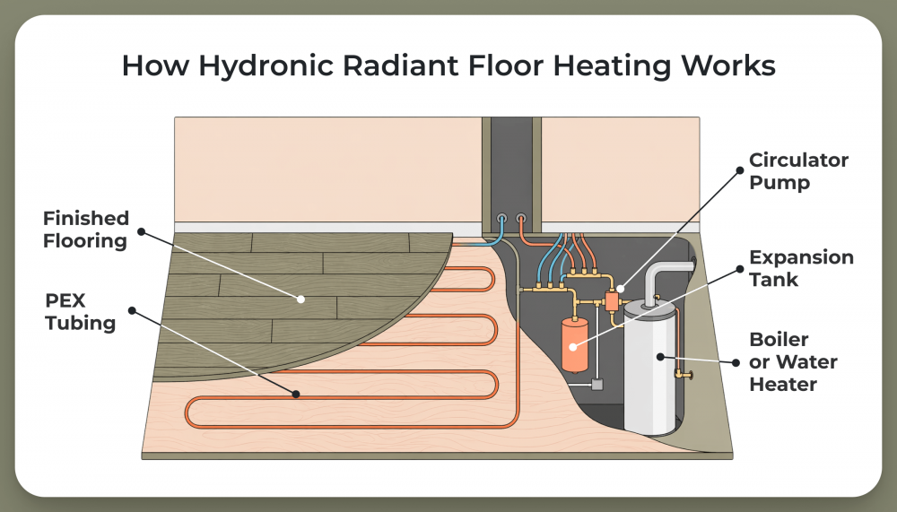 Floor assembly diagram showing radiant heat under hardwood with hardwood flooring, grooved radiant panel, PEX tubing, and subfloor