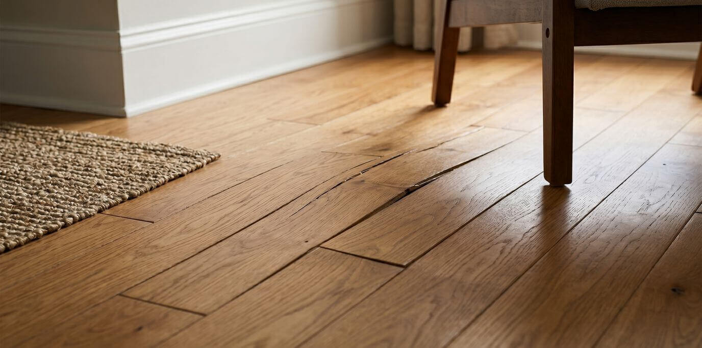 Buckled wood floor with lifted boards near furniture