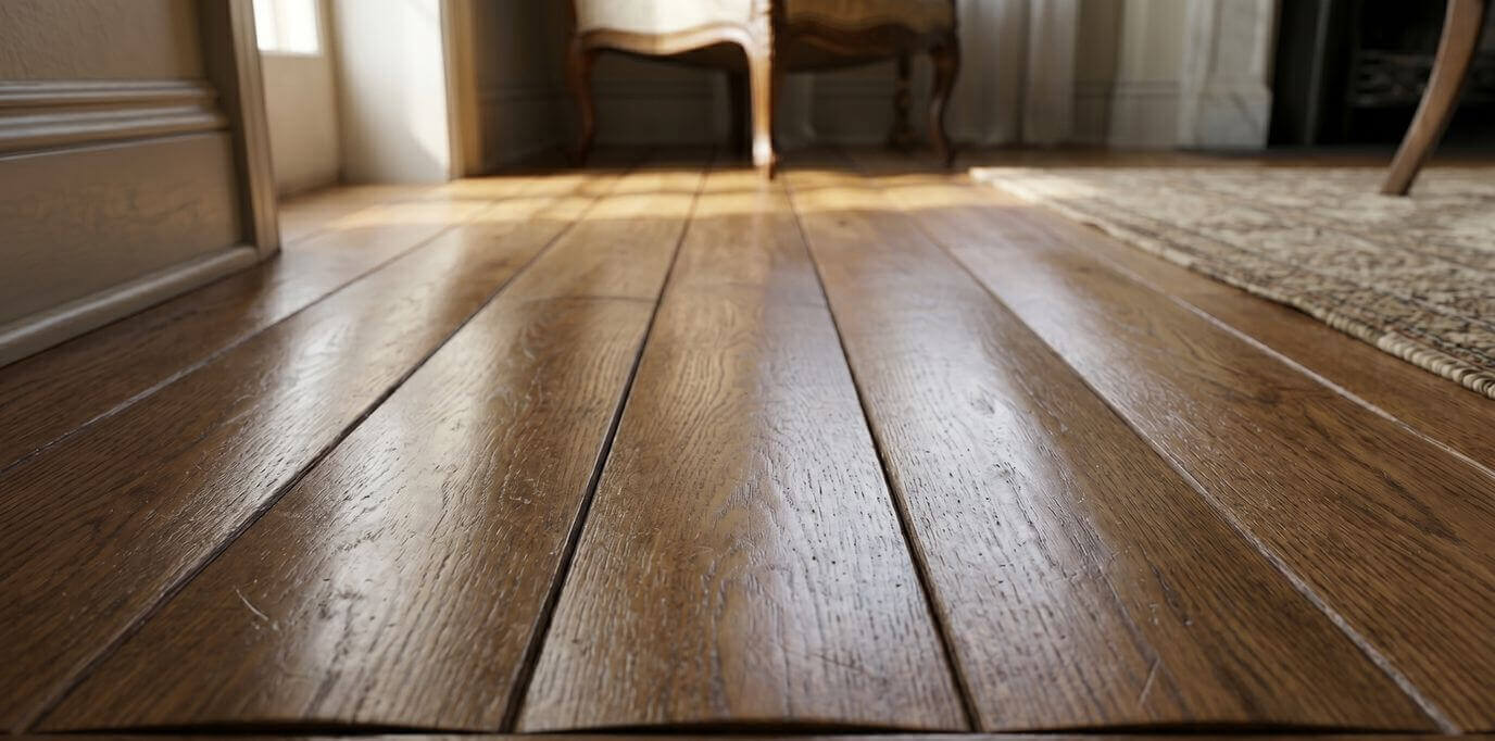 Crowned hardwood floor with board centers raised higher than the edges