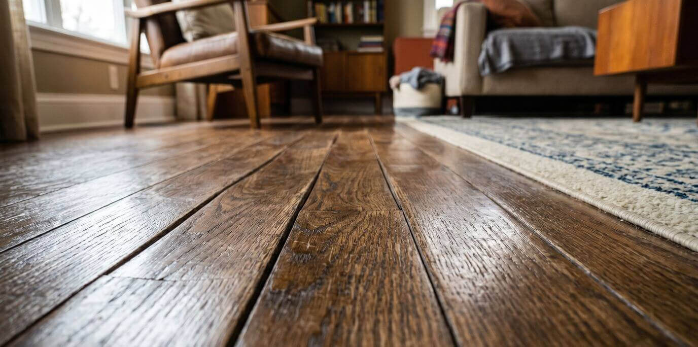 Cupped wood floor with raised board edges and visible uneven seams