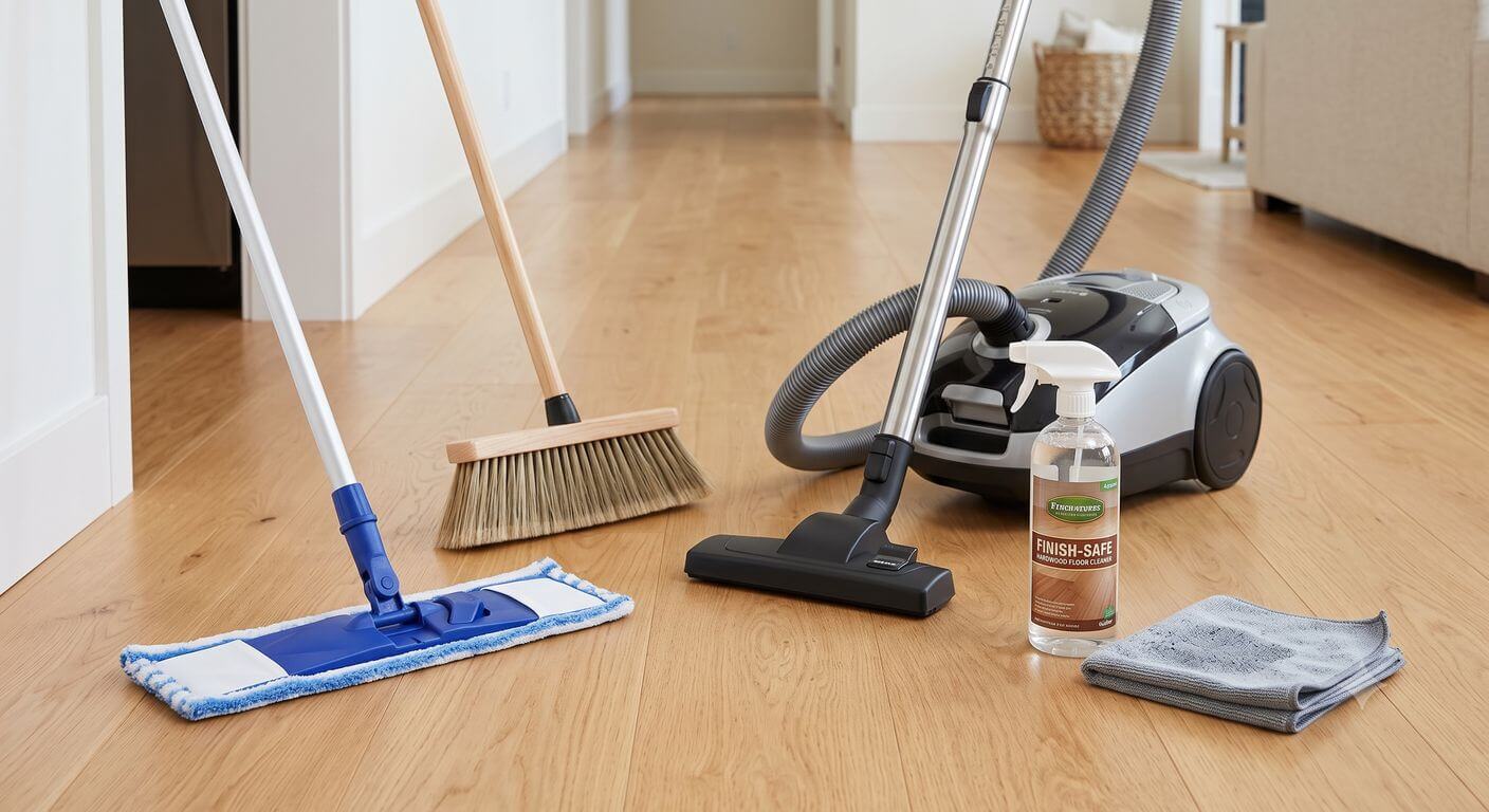 Microfiber mop, soft broom, vacuum, cloth, and finish-safe cleaner on hardwood floors