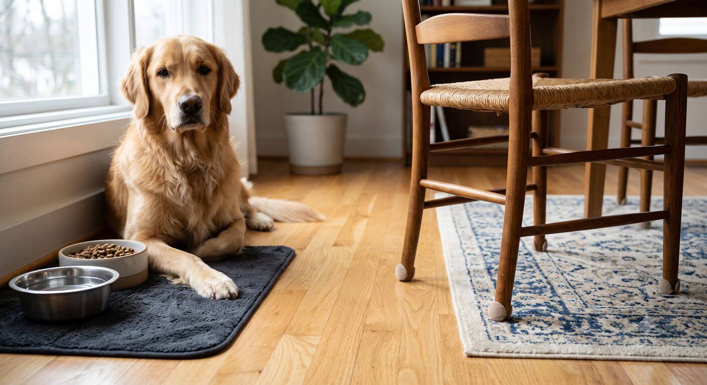 Dog beside pet bowls and dining chairs with felt pads on wood flooring