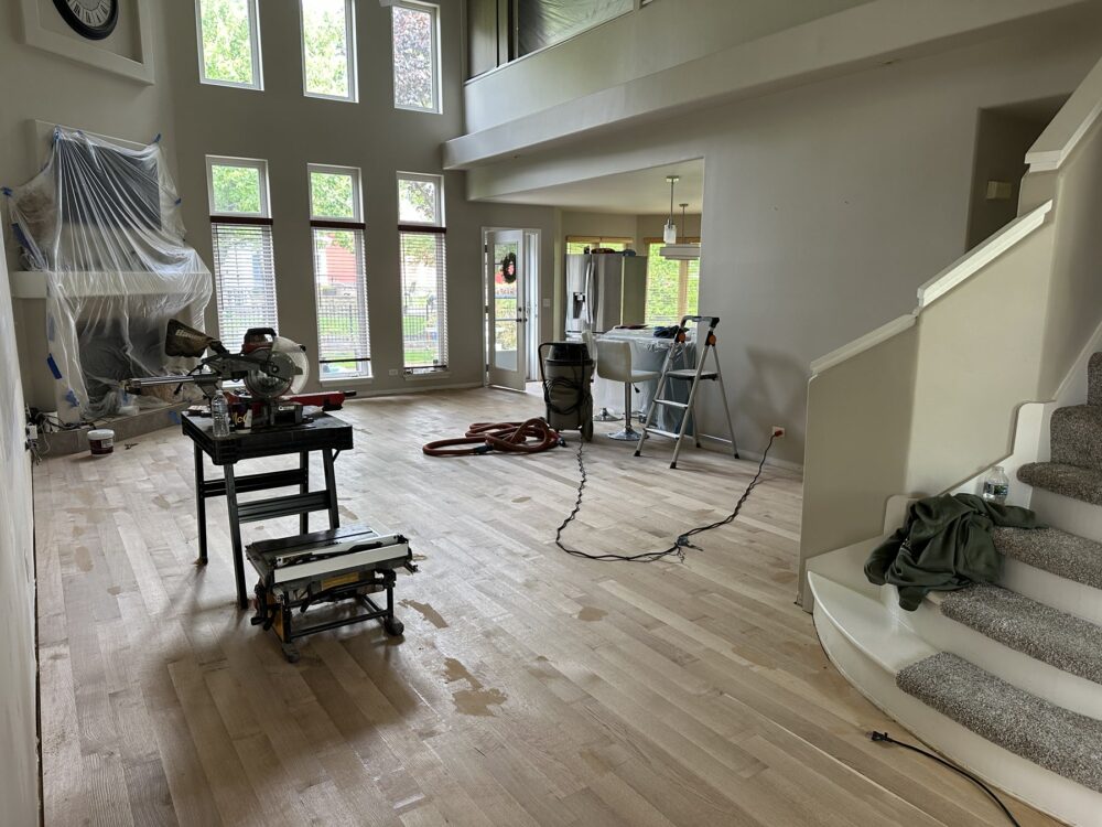 Sanding the white oak floor during refinishing, Aurora, IL (in-process)