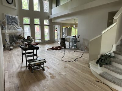 Sanding the white oak floor during refinishing, Aurora, IL (in-process)