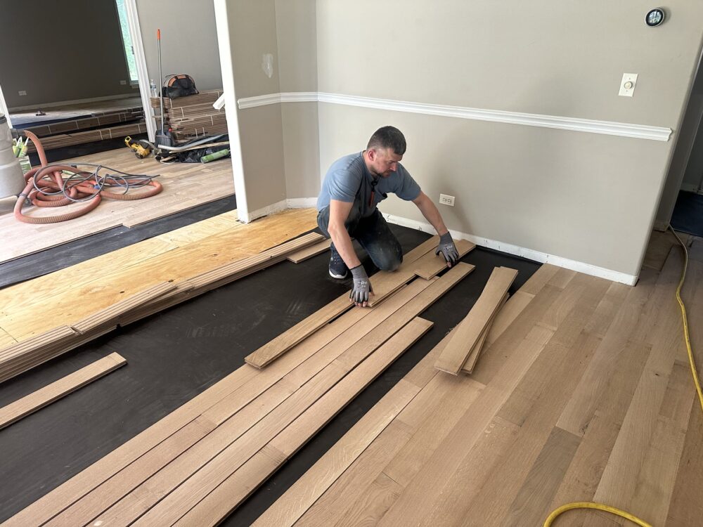 Installing rift and quarter sawn white oak boards, Aurora, IL (in-process)