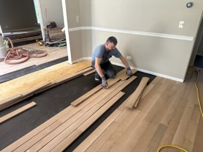 Installing rift and quarter sawn white oak boards, Aurora, IL (in-process)
