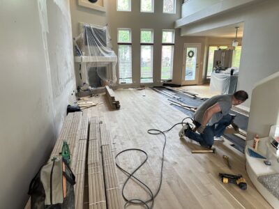 Installing new rift and quarter sawn white oak boards over the subfloor, Aurora, IL (in-process)