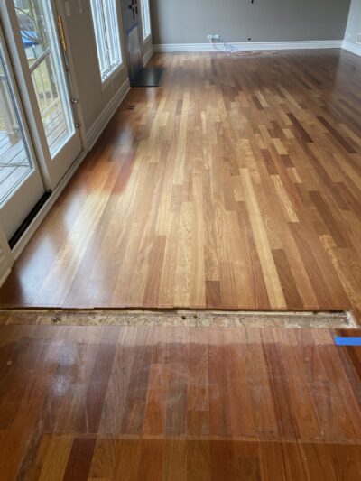 Brazilian cherry floor repair, old boards meeting refinished floor, Barrington, IL (in-process)