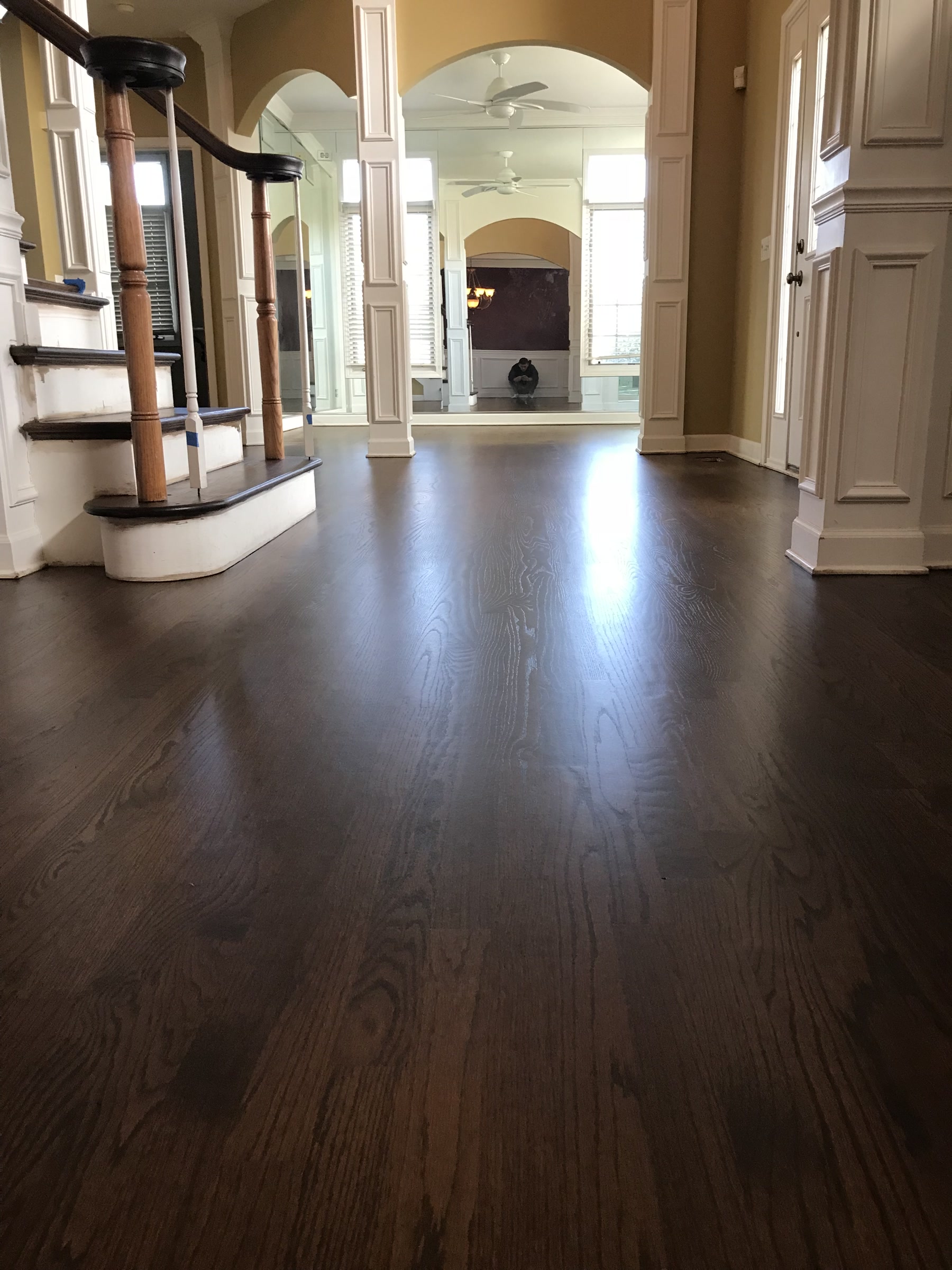 Espresso hardwood floor in the columned foyer, Batavia, IL