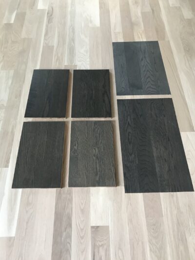 Bona Driftwood stain color samples tested on the actual white oak floor, Berwyn, IL