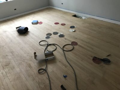 Sanding the hardwood floor before ebony staining, Berwyn, IL (in-process)