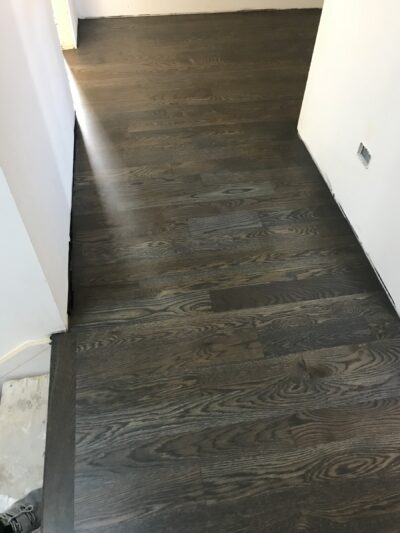 Driftwood grey white oak staircase from the side, Berwyn, IL