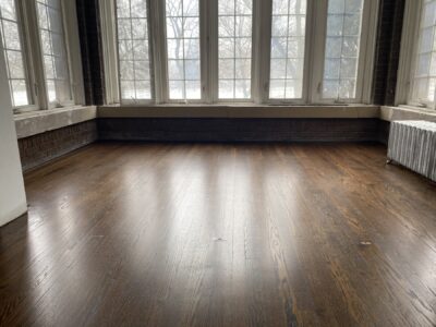 Refinished vintage hardwood floor by the windows, Bolingbrook, IL