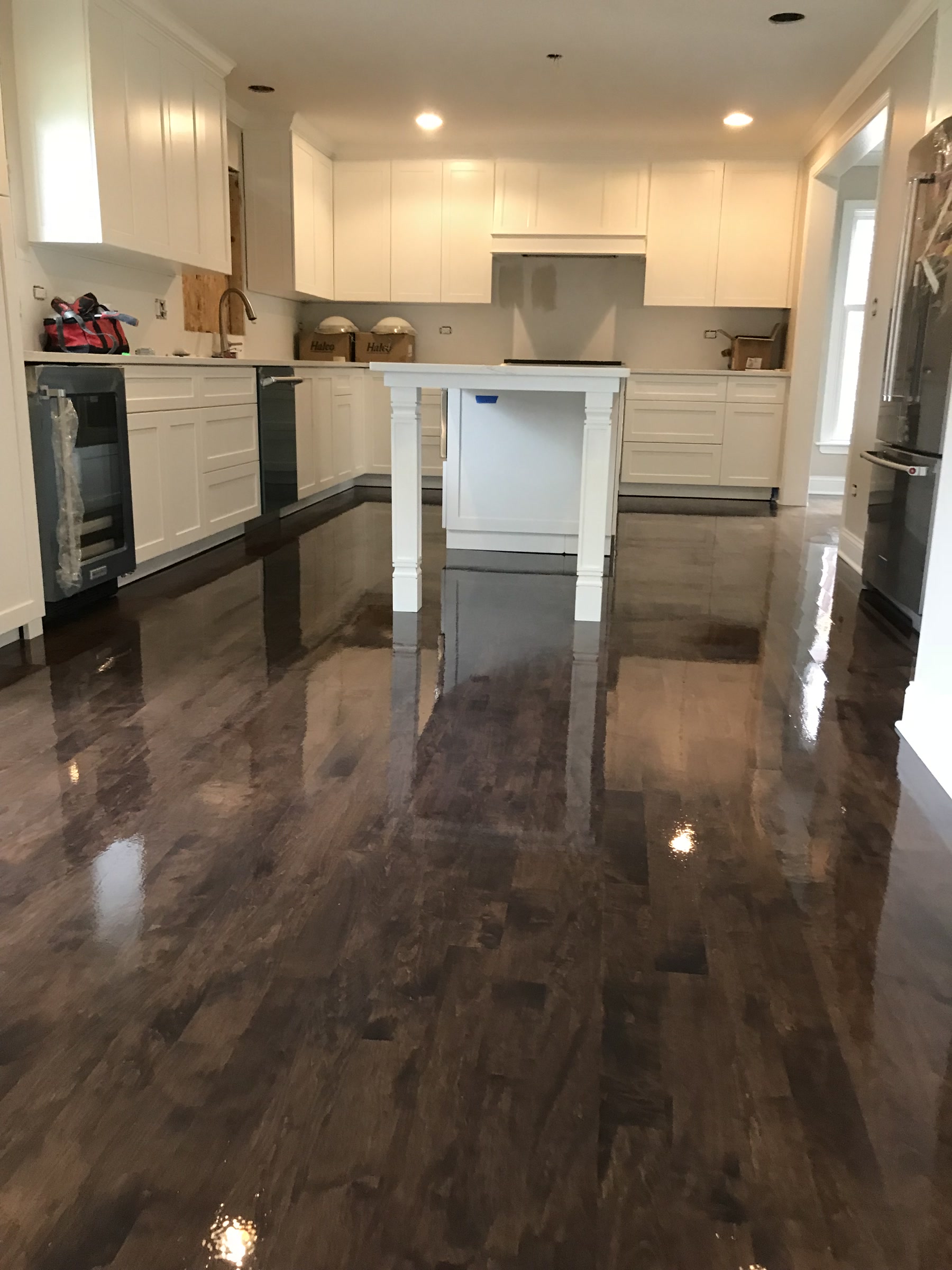 Maple floor stained espresso in the kitchen, Buffalo Grove, IL