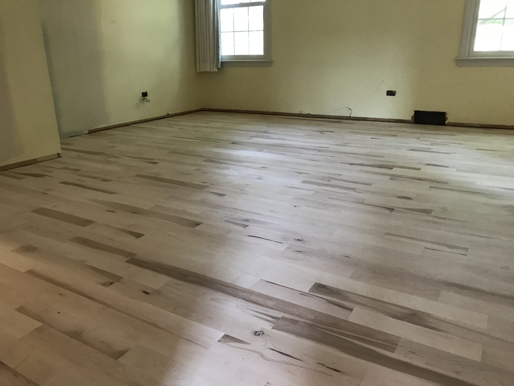 Raw newly installed maple floor before espresso staining, Buffalo Grove, IL (in-process)