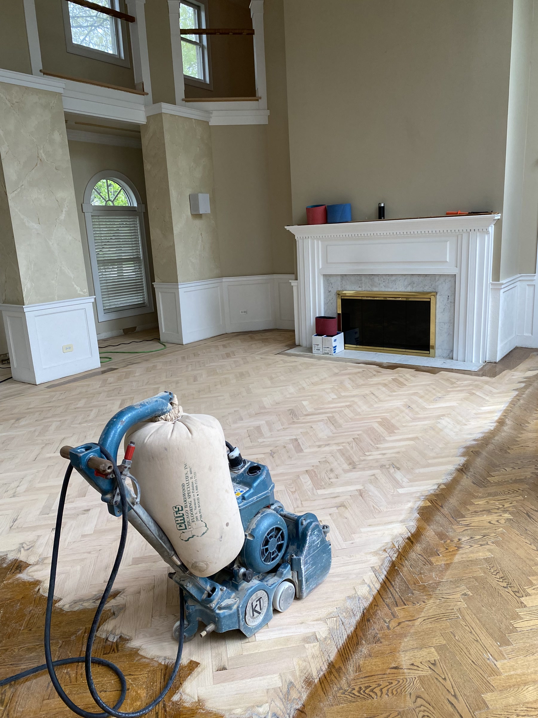 Sanding the new herringbone white oak floor, Deerfield, IL (in-process)