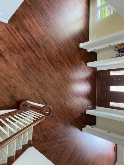 Gunstock staircase from above, Downers Grove, IL