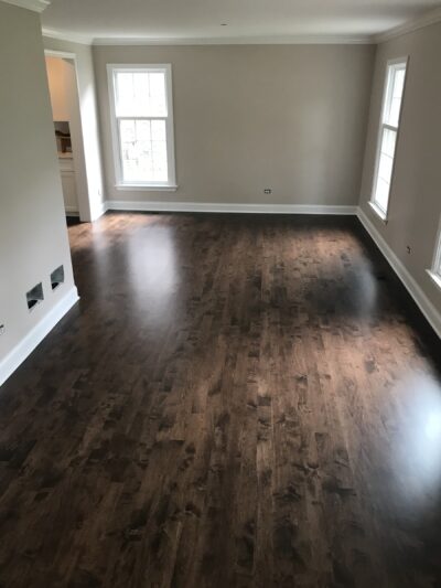 Espresso maple floor in the living room by the windows, Elmhurst, IL