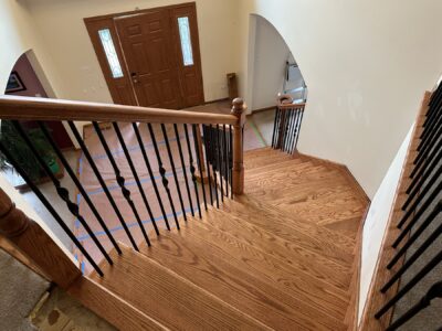 Curved staircase and landing from above, Elmhurst, IL