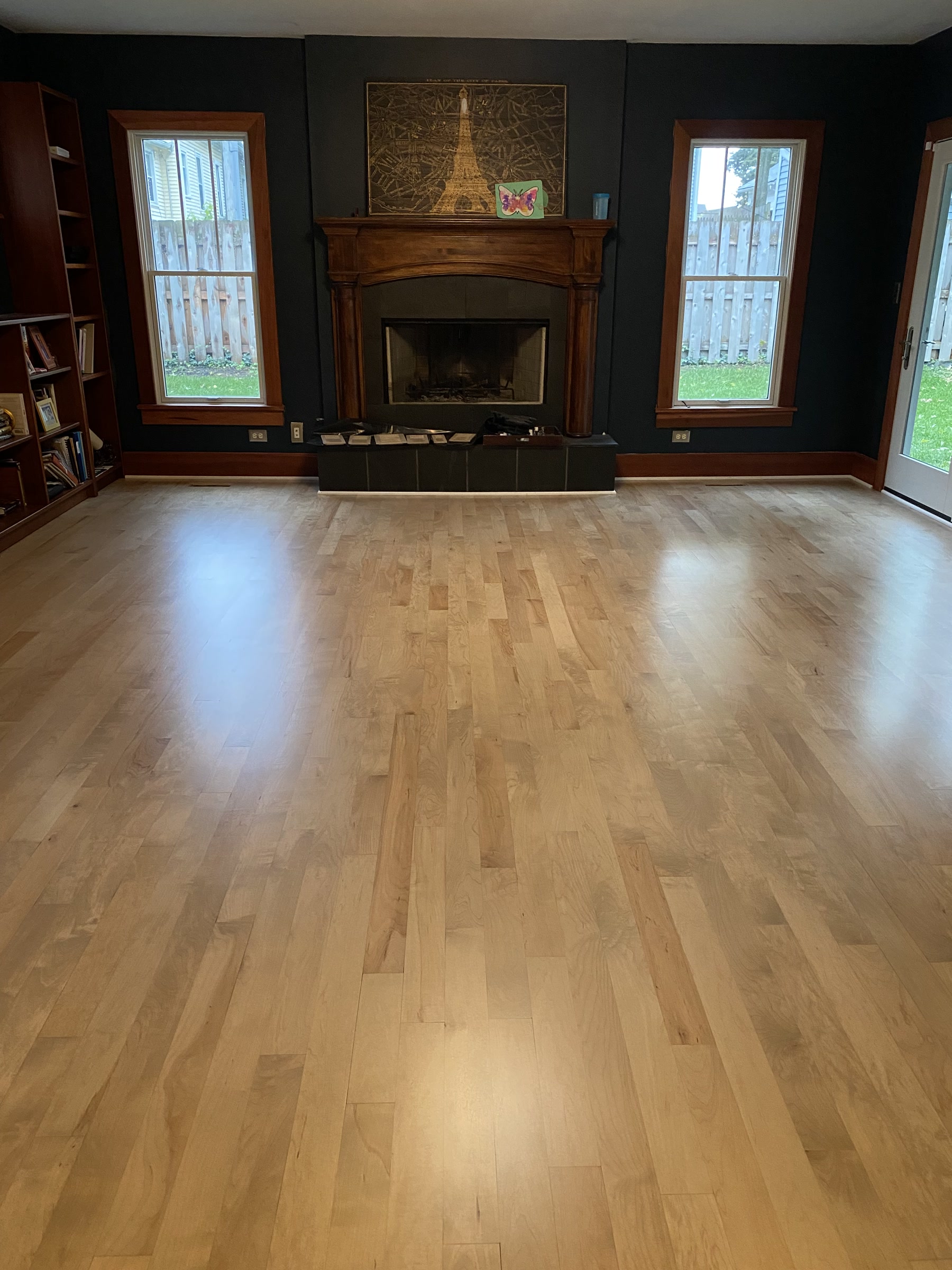 Maple floor refinished to a lighter silvered grey in the living room, Highland Park, IL
