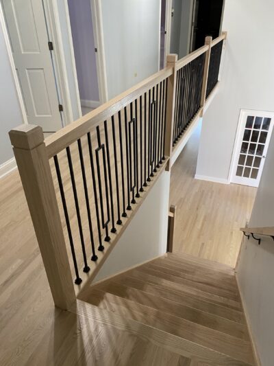 White-wash staircase newel and iron balusters, Highland Park, IL