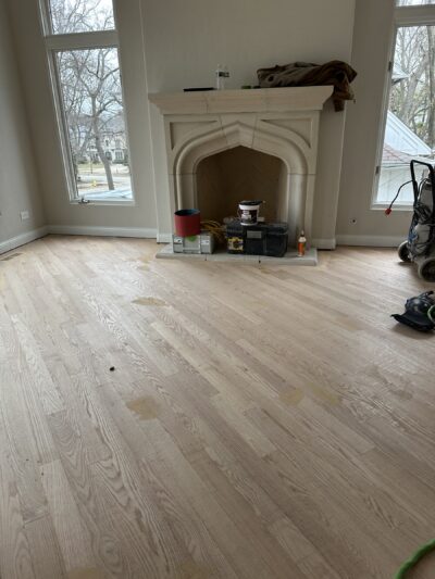 Freshly installed diagonal red oak floor before staining, Hinsdale, IL (in-process)