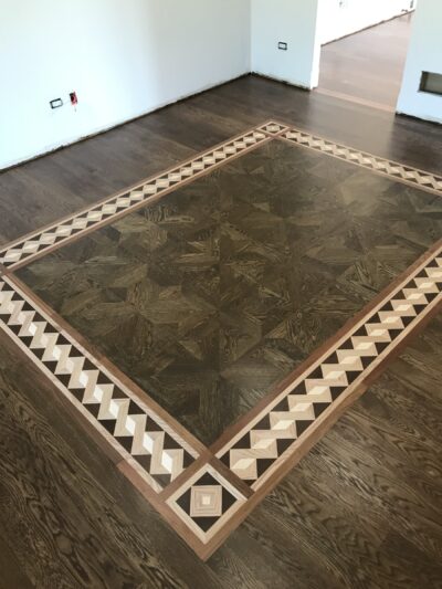 Custom star medallion inlay in the hardwood floor, Lemont, IL