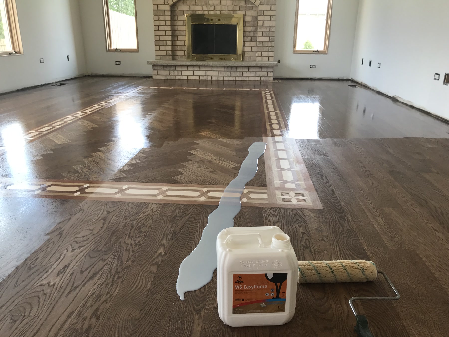 Herringbone marquetry floor stained a natural and espresso two-tone, Lemont, IL