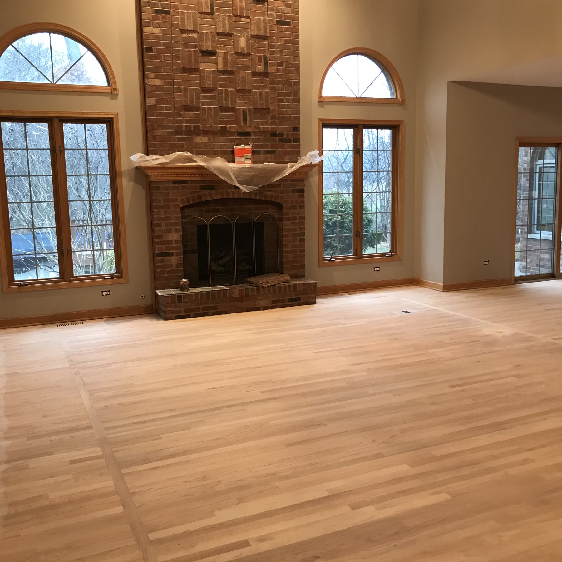 Bare, sanded hardwood floor before Special Walnut refinishing, Lemont, IL (in-process)