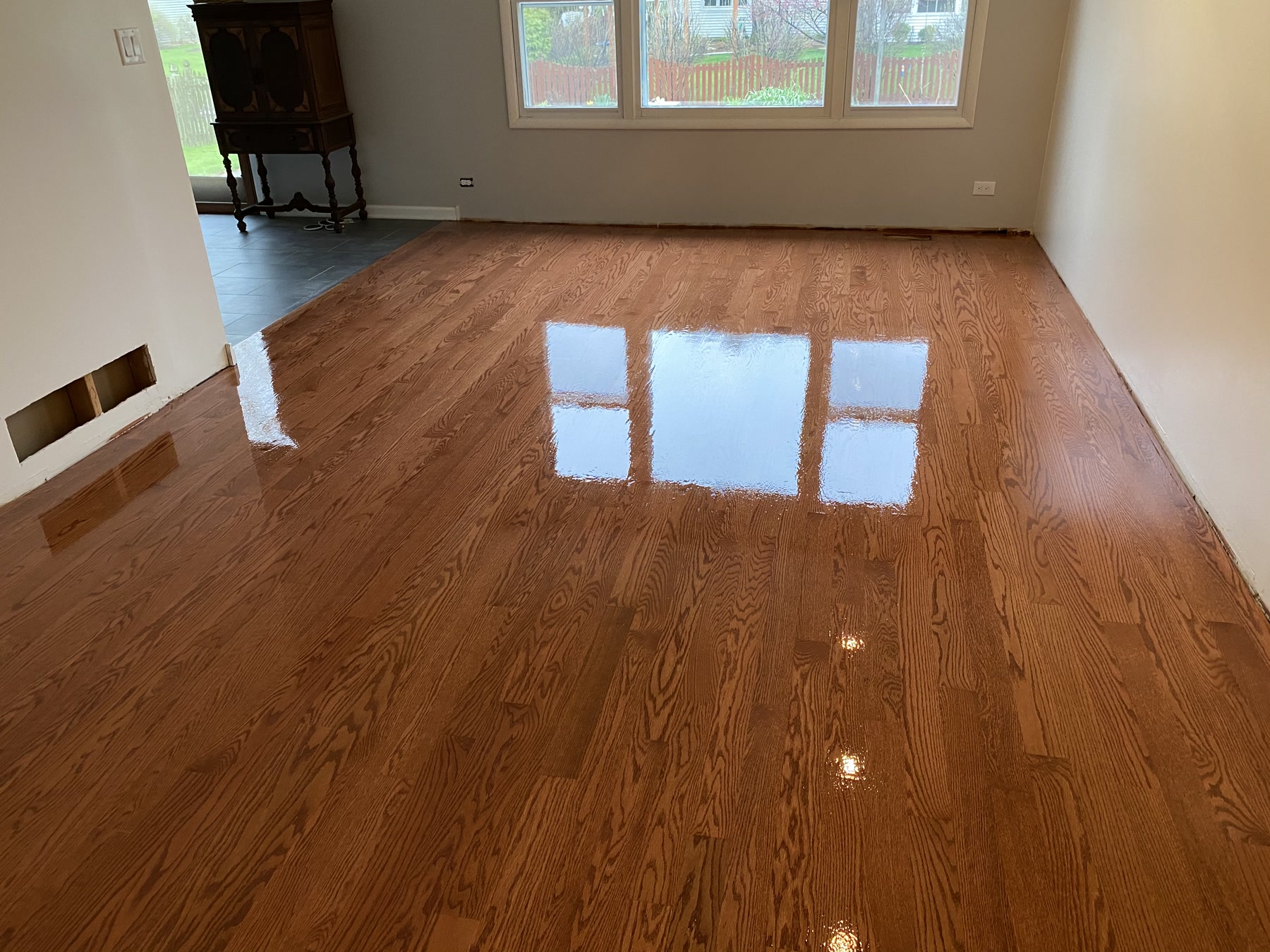 Finished Gunstock red oak floor after installation, Naperville, IL