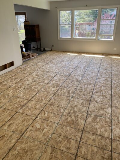 Subfloor prepped across the main room before installation, Naperville, IL (in-process)