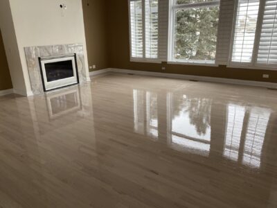 Light oak floor in the living room with a fireplace, Naperville, IL
