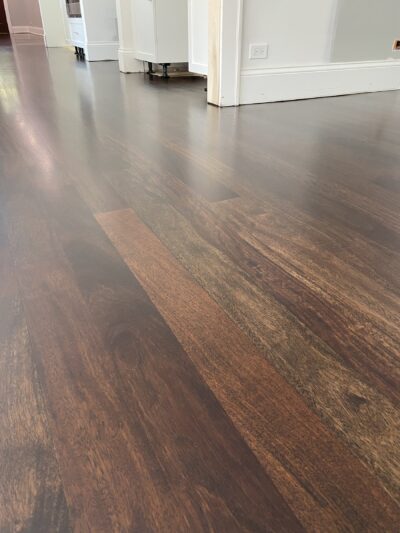 Ebony Brazilian cherry floor open to the dining area, Oswego, IL