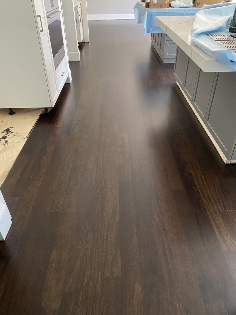 Ebony Brazilian cherry floor by the kitchen island, Oswego, IL