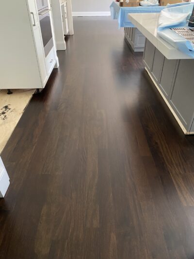 Ebony Brazilian cherry floor by the kitchen island, Oswego, IL