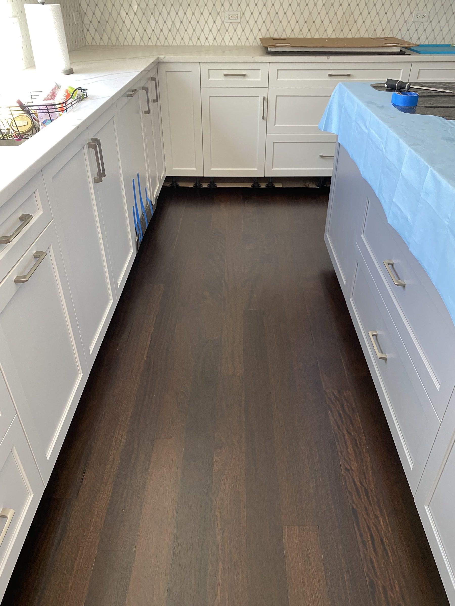 Ebony-stained Brazilian cherry floor in the kitchen, Oswego, IL