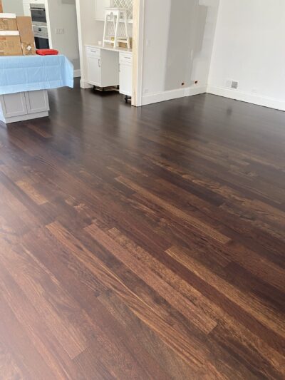 Ebony Brazilian cherry floor in the open kitchen, Oswego, IL