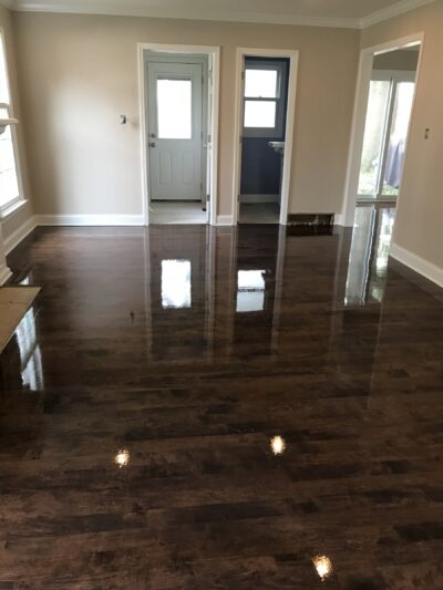 Installed maple floor finished espresso at the foyer, Plainfield, IL