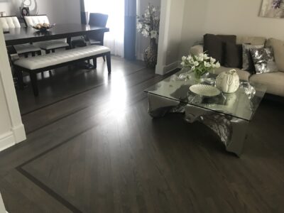 Custom greige hardwood floor in the dining room, Western Springs, IL