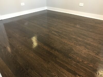 Ebony hardwood floor across the open room, Wheaton, IL