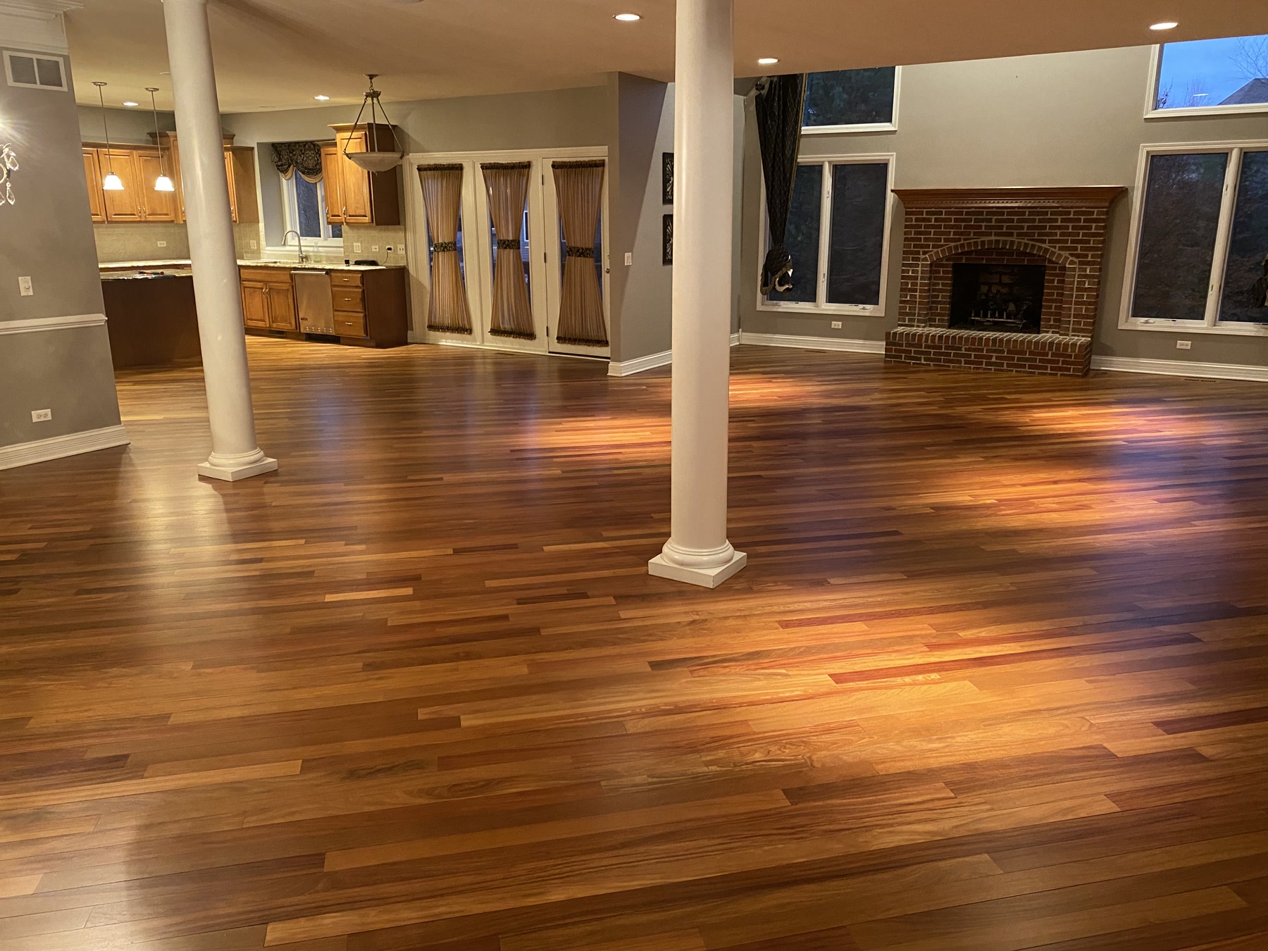Brazilian cherry floor with natural stain, great room with columns, Wilmette, IL