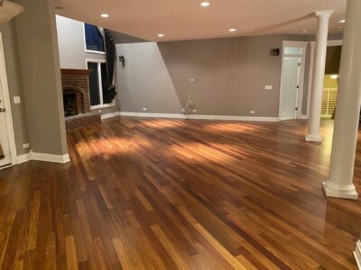 Natural-stained Brazilian cherry floor across the open room, Wilmette, IL