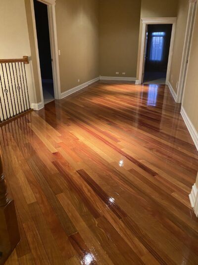 Brazilian cherry floor down the hallway toward the great room, Wilmette, IL
